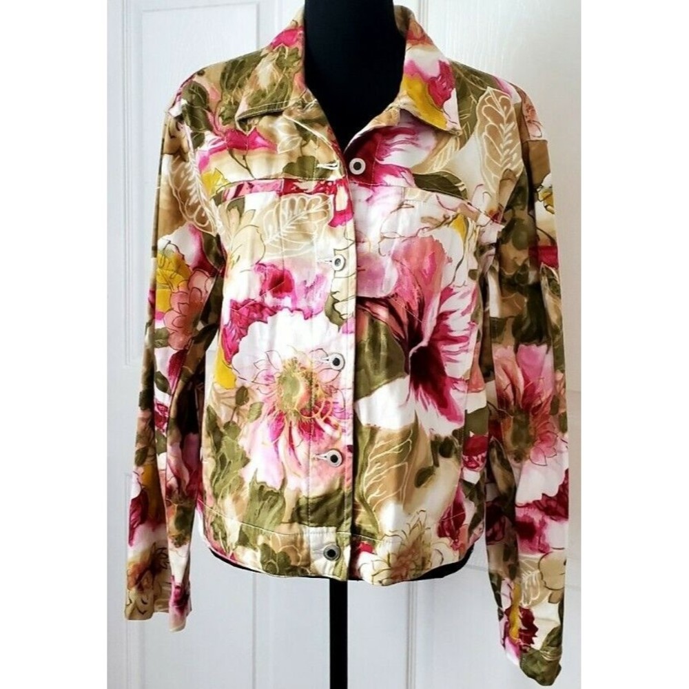 Caribbean Joe Womans Floral Jean Jacket Size Large Button up Denim Coat EUC